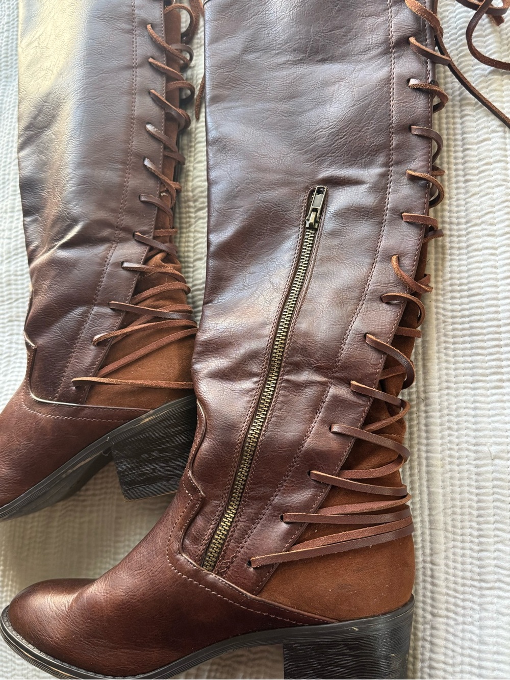 Cato Brown Lace-Up Knee Boots with Side Zip - Picture 3 of 4